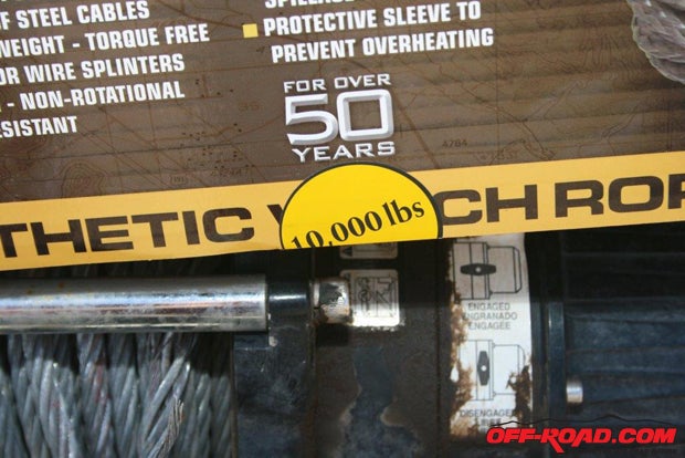 All the information you need to know is printed on the box, including the ropes rating of 10,000 pounds. More than sufficient for a 9,000-pound rated winch.