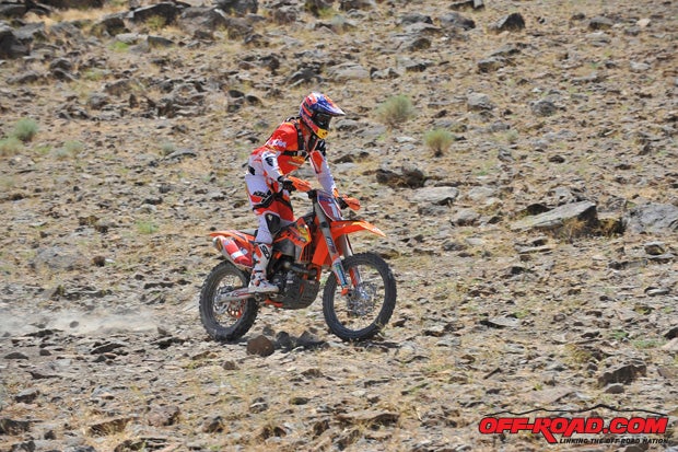 This is a typical section: rocks, rocks and more rocksand on a downhill off-camber, to boot! Kurt Caselli treads gingerly en route to second place, which was his first loss since round two.