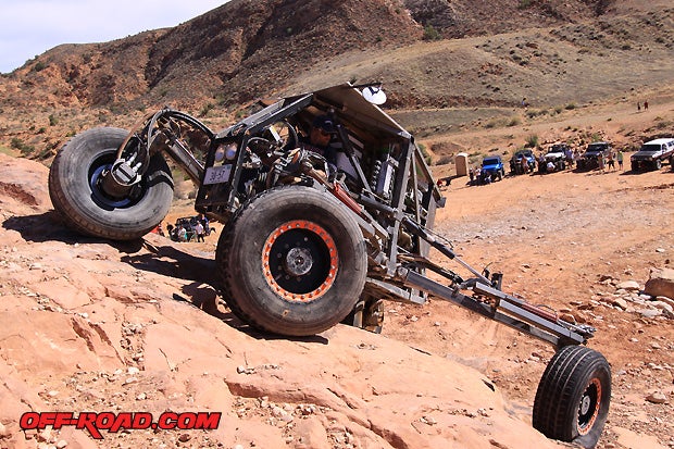 Alec Yager came out to Moab this year with his rock farming equipment. The crowd went nuts when Alec crawled and extended all his spider arms on the way up Potato Salad hill.