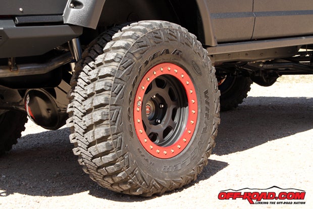 Traction comes from a set of Goodyear 315/70R17 MT/R Kevlar tires mounted on Trail Ready 17x8.5 beadlock wheels.