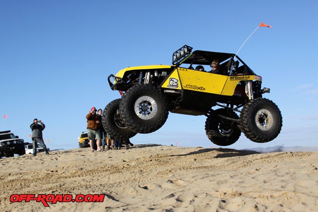 Climbing big dunes and jumping them becomes an afternoon pastime at Pismo Beach. This custom rock buggy driven by Matt Trabino from Gonzales, CA, was among the 4WDs that triumphed at climbing and jumping a 100-foot sand ramp.