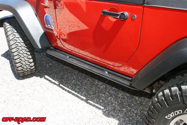 6.	Mopar rock rails replace the original L-shaped protector that comes on the Rubicon and other JK models.