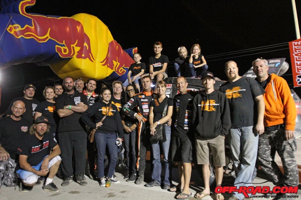 Most of the All German Motorsports team (not all, as some didnt make it to La Paz yet) pause to take a picture at the finish line with the #15 Trophy Truck. Big or small, every team that races Baja has a group of volunteers helping them make it happen, and AGM is no exception. 