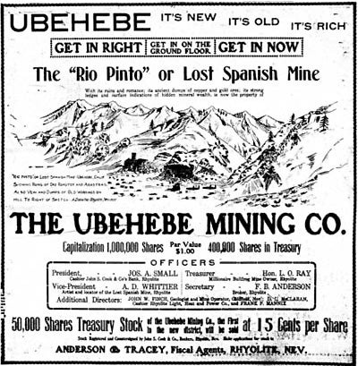 Advertisement for Lost Spanish Mine, Ubehebe Mining District. From Bullfrog Miner, 24 May, 1907.