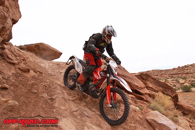 Dual Sport Utah's Jim Ryan handles this small downhill section on Sovereign Trail. 