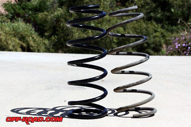 Side by side, there seems to be little difference in spring height and number of coils, but the OME 860 coil springs (left) are designed to hold up to 200 lbs. of extra weight capacity as a pair.