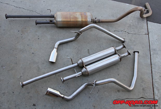 Here's a comparison of the stock exhaust (top) with the TRD dual exhaust system.
