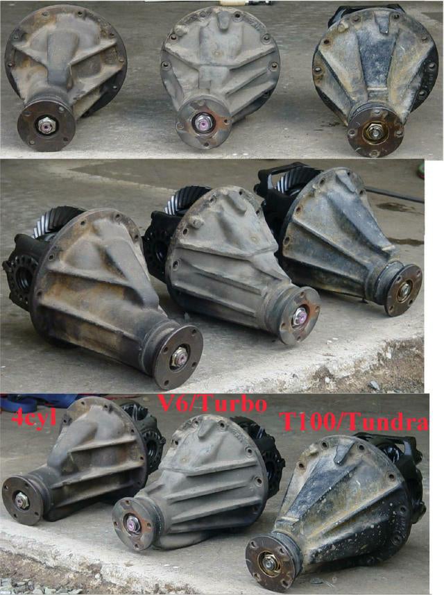 As shown in this composite from the Eriks Diffs page, the style and shape of the pigs face (center section) can help identify which differential and axle youve got. You should seek out the one in the middle, but an axle with the 4cyl diff (on the left) can work too.