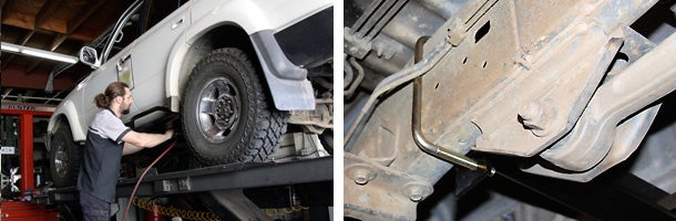 The driver side installs similar to the passenger side, minus the catalytic converter plate. The driver slider uses a total of 3 Grade 8 U-bolts, with one of them carefully positioned under the plumbing that runs along the frame. Dont put them over the plumbing or they will be cinched and hosed.
