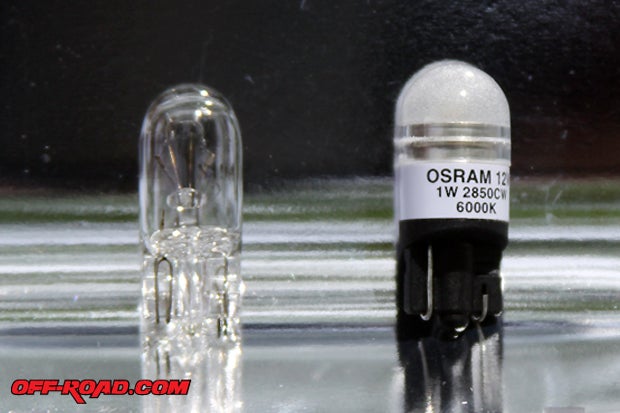 Standard license plate incandescent bulb (left). Osram Sylvania Premium White LEDriving light (right).