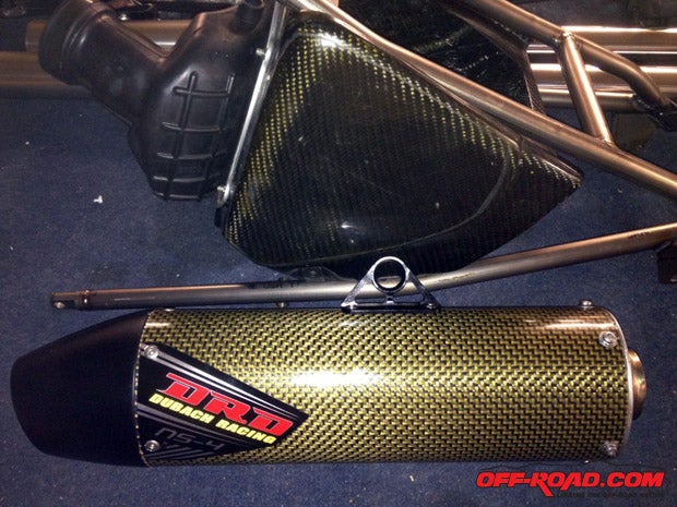 Doug Dubach Racing carbon-fiber muffler, custom made to match the Henry/Bartolini bikes. A carbon-fiber air box was added.