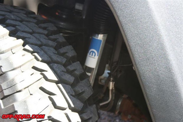 9.	Just visible behind the tires, Mopars heavier-duty shocks were designed to accompany the 2-inch lift kit.
