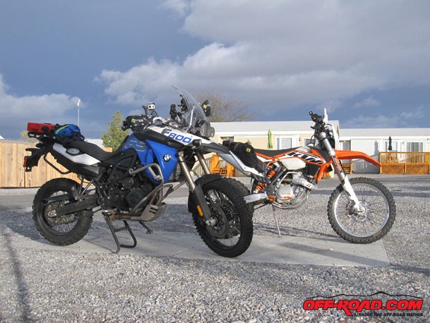 Taste of Dakar is designed for large-displacement Adventure bikes such as the BMW F800GS on the left, but a lot of riders show up with single-cylinder Dual Sport machines such as the KTM on the right. The smaller bikes are obviously more maneuverable, but the key is making sure that you carry enough fuel.