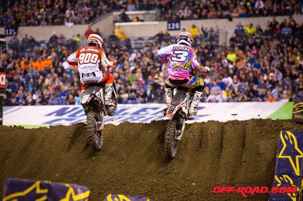 Eli Tomac and Mike Alessi battled hard during the 20-lap main. Tomac held on to finish the race in second, though Alessi crashed late into the race and finished 15th.