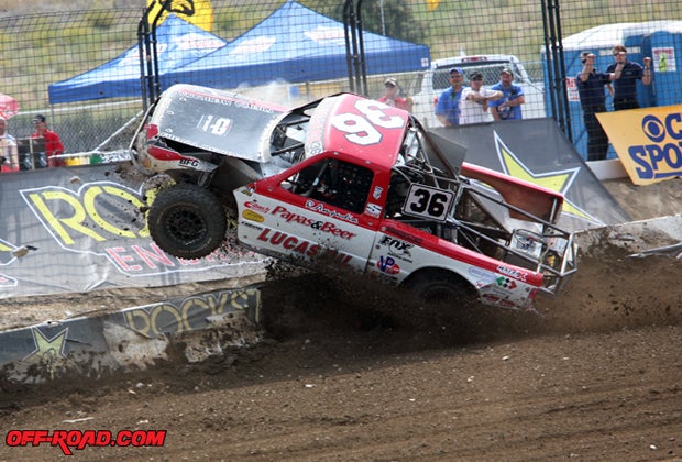 Rodrigo Ampudia launched over the k-rail in turn one after the restart in Pro Lite. 