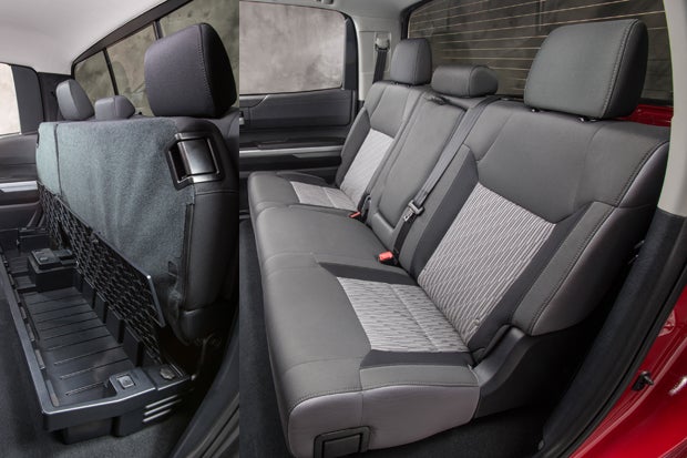 The back seat of the Tundra Double Cab offers a back seat that can fit full-sized adults (albeit a little more snug than the larger Crew Cab). The seats do flip up (left) for additional storage beneath or when transporting items in the back seat.