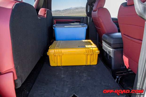 One of the features we really like on the Ram Rebel is the folding flat load floor storage. It's also worth noting the Ram does offer in-floor storage bins, whereas the Toyota does not. 