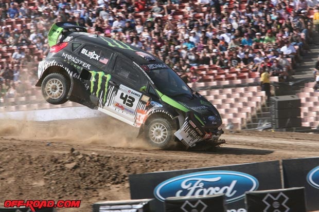 Ken Block caught his nose on the landing from the big jump. He was eliminated by Brian Deegan in the first round. 