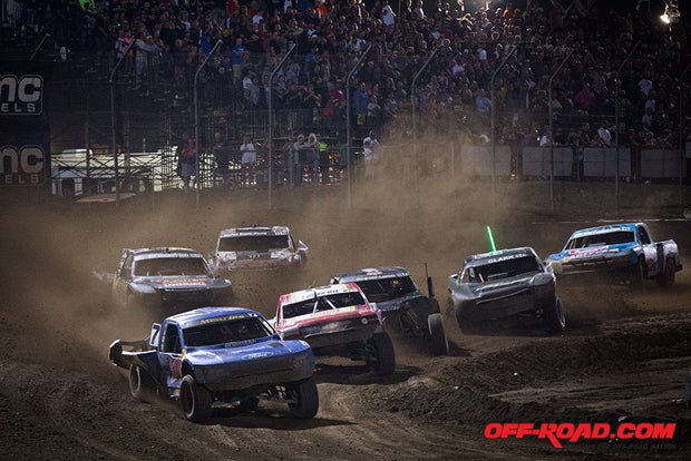 Bryce Menzies leads the Pro 2 pack in front of the Glen Helen grandstands. Menzies earned the Pro 2 win at Saturday nights Round 10 race. 