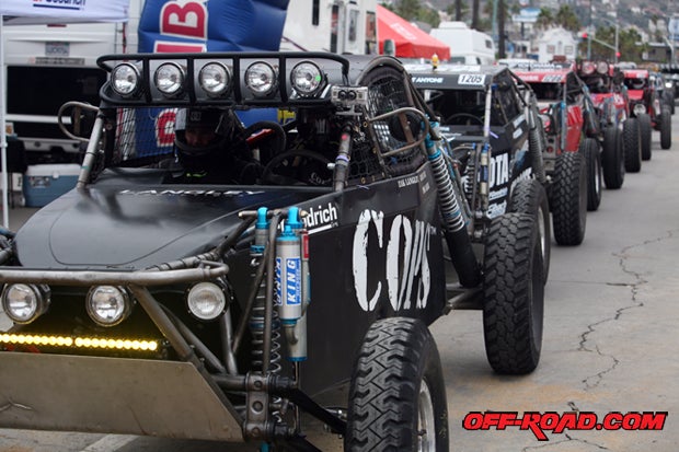 All four-wheeled trucks and buggies had to wait until the Trophy Trucks restarted at the accident scene before they could leave the originl start line. 