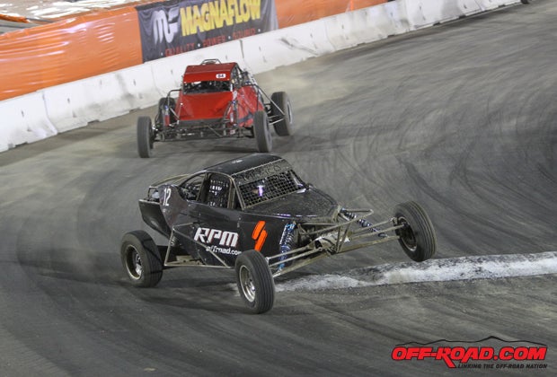 Jerry Whelchel trying to chase down Carlos Lopez Gomez for the Pro Buggy win.
