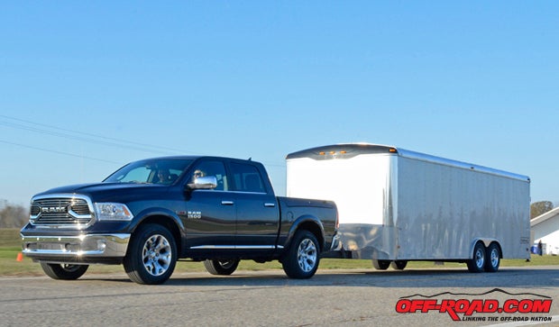 We were actually surprised at how well the Ram 1500 EcoDiesels 3.0-liter VM Motor-designed V6 turbodiesel handled the 5800-lb. enclosed car trailer to which it was hitched. Switching to the 3.92:1 rear end ring and pinion instead of the standard 3.55:1 improves its ability to lug a trailer. The 1500s smooth-shifting eight-speed TorqueFlite transmission is the only eight speed in the 1/2-ton class.