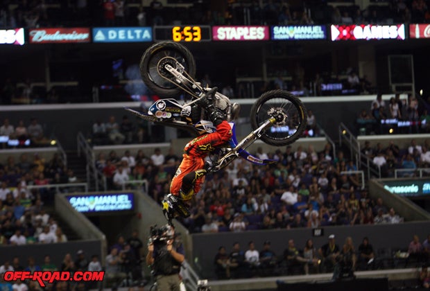 Cameron Sinclair performed a nac-nac double backflip to finish second. After all the crashes in the class, he decided to not try anything crazy on his final run and just toss his bike off the jump. 
