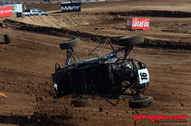 Cameron Steele had an ugly spill in Pro Buggy. 