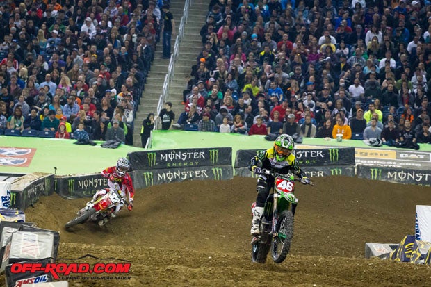 Adam Cianciarulo (46) earned another victory in Detroit, and he now holds a seven-point lead over Monster Energy Kawasaki teammate Martin Davalos in the standings. 