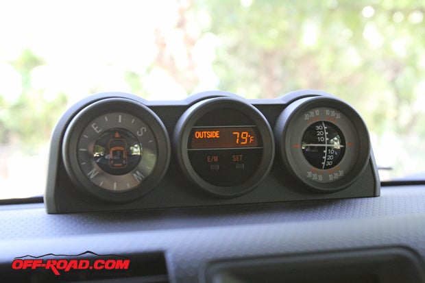 Mounted to the dash of the FJ is a floating-ball instrumentation panel that features a compass, inclinometer and temperature gauge for the air outside.