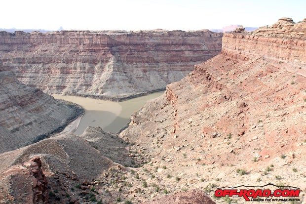 The Confuence Overlook shows where the Green River (lighter to the left) and the Colorado River meet. 