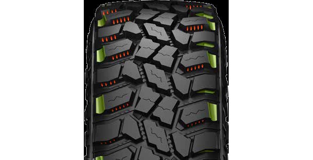 This illustration of the STT PRO tread shows the scallops and mud scoops (shown in green) on the out tread blocks and also the small dimples on the outer tread (shown in orange) to help keep mud from sticking to the tire. 