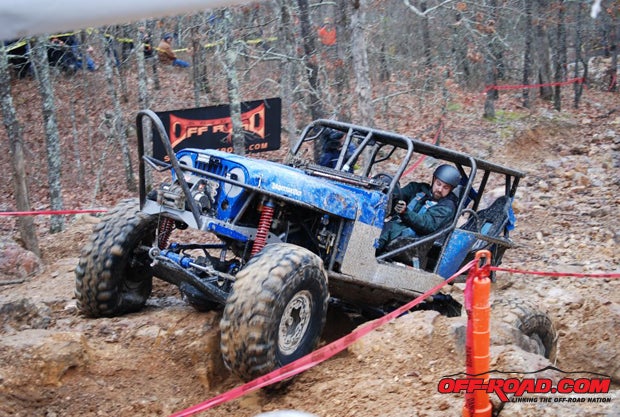 Well-built trail rigs competed in the Under 40" class. Here, CrawlFab's Jagermeister Jeep gives it a shot.