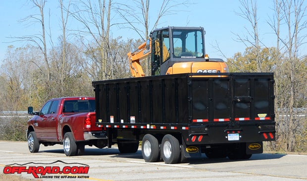 With its 6.7-liter Cummins turbodiesel doing the pulling and its air-assisted rear suspension leveling the load, the Ram 3500 Big Horn Crew Cab Long Box 4x4 made short work of hauling the combined 20,820-lb. weight of this Big Tex trailer and Case excavator. Rams 1-ton trucks are rated to tow over 31,000 lbs., making them the current class leader in towing capacity.
