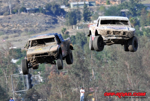 Brian Deegan and Carl Renezeder catch air while battling for the win in Pro 2 at Round 3.