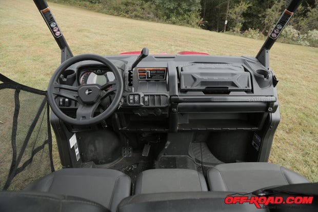 The dash layout is ergonomically friendly and easy to use, and we like the 40-20-40 bench seat design. Storage also isn't an issue on the Defender, whether it be in the dash or located under the bench seat.
