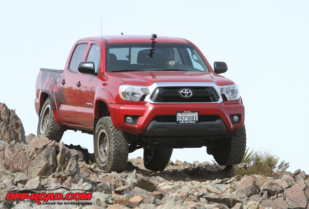 With an additional 1.5 inches of lift up front from the 66mm Bilstein remote-reservoir coilovers, the Tacoma can climb confidently over rock-laden roads and tackle whoops with confidence. 