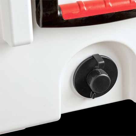 When it comes time to drain the cooler or clean it after use, a sloped drain with a tethered, threaded plug works well. The large tether allows the plug to rotate easily and is securely mounted so it wont easy break or get lost. 