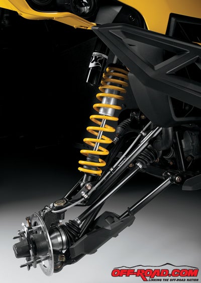 On the Maverick 1000R, Can-Am employs Fox Podium X Performance 2.0 piggypack shocks with compression and preload adjustments. 