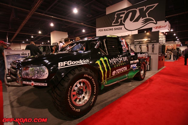 Johnny Greaves' Pro 2WD truck that he launched 301 feet into the air in was on display at the Fox Racing Shox booth. 