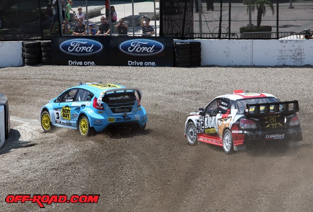 Gronholm and Verdier battle around the dirt turn near Staples Center. 