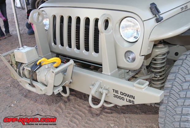 Heavy-duty tie-down locations are found all over the Jeep, though none are larger than the two up front that are integrated into the frame. 