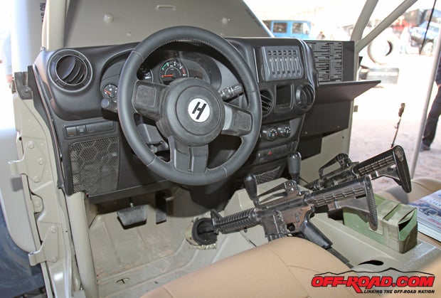 Inside, some Jeep JK elements are still visible, but the interior is purpose built for military needs.. 