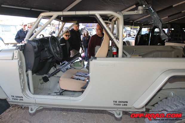 The Hedrick COMMANDO features two tie-down locations on either side of the cabin that are integrated into the roll cage, or Roll Over Protection System (ROPS). These tie down locations features a 7,500-pound rating, which is so high in part because of the vehicles needing to withstand the G forces of military planes while in transit. 