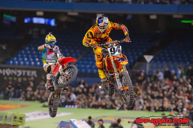 Ken Roczen (94) leads Justin Barcia (51) early in the race, but Barcia was later able to pass Roczen to finish in second, while Roczen had to settle for fourth place. 