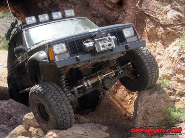 As you can see, Ted Palfreyman will take his 91 Cherokee almost anywhere. The Jeep has a 6-inch lift, hydraulic ram steering, Goodyear MT/R tires with Kevlar, HiLift jack, winch, and stock engine and automatic transmission.