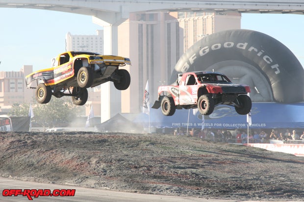 The Lucas Oil Off-Road Demonstration displays the power and ability of short-course off-road race trucks to the SEMA crowd. The Lucas Oil Off-Road Racing Series will hold two rounds of racing after the show at th Las Vegas Motor Speedway. 