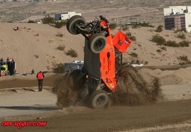 Max Thieriot came down wrong off the "Laughlin Leap" jump and flipped his car a few times. Fortunately, the team was fine, and they were able to get back up and running as well. 