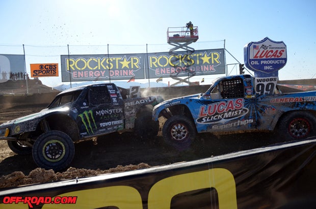 Jeremy McGrath (2) and Robby Woods (99) battled in Pro 2 Unlimited. McGrath finished on the podium in second place, while Rob Naughton earned the win.