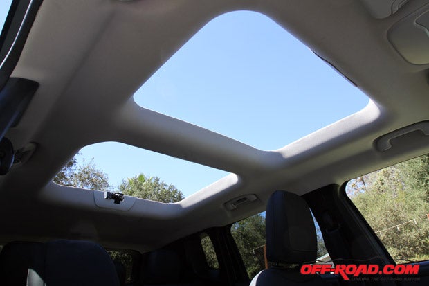 The My Sky, open-air, dual-panel roof allows the Renegade to have an open-top feeling without have to remove the entire top  its like a blend of taking the top off of a Wrangler and a sunroof. Once the panels are removed (which were told only weigh about 5 pounds) they are designed to safely and securely fit in the rear cargo space. 
